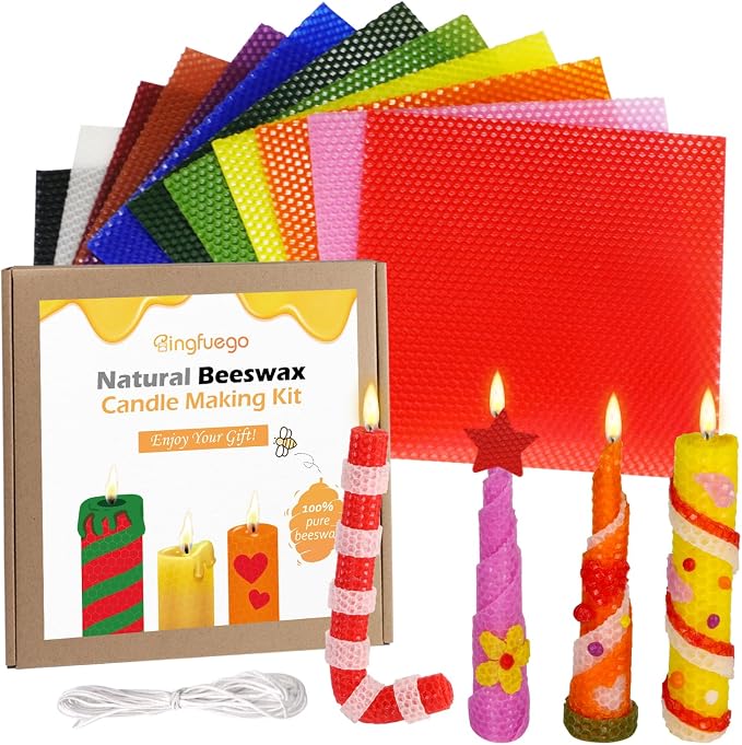 Bingfuego Beeswax Candle Making Kit for Beginners-12 Beeswax Sheets for Candle Making Rolling Kits, Natural Beeswax Candle Making Kit (Classic Color, 8 x 8 inch)