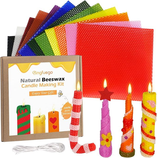 Bingfuego Beeswax Candle Making Kit for Beginners-12 Beeswax Sheets for Candle Making Rolling Kits, Natural Beeswax Candle Making Kit (Classic Color, 8 x 8 inch)