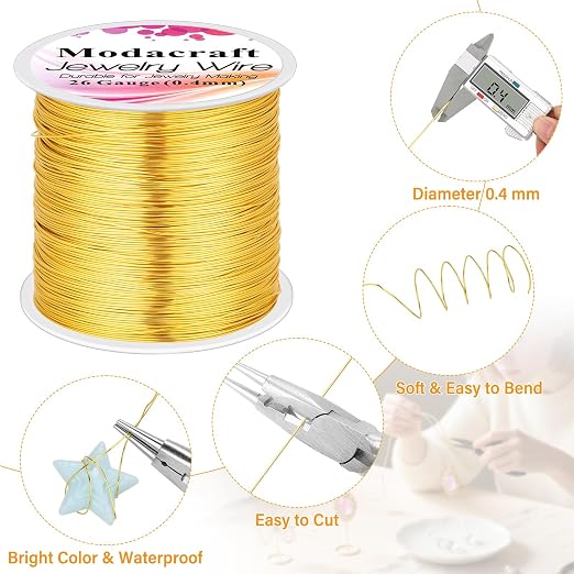 ModaCraft 26 Gauge Ultra-FINE Jewelry Wire Gold (328ft/100m) + 4-in-1 Ergonomic Pliers Set | Tarnish Resistant Copper Craft Wire for Wire Wrapping, Beading & Micro Jewelry Making | DIY Supplies Kit