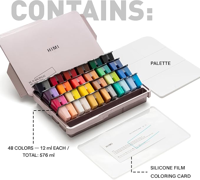 HIMI Twin Cup Jelly Acrylic Paint Set, 48 Colors 12g, High Viscosity, Blendable, Paints on Rocks Crafts Canvas Wood, Fabric, Ceramic & Stone, Art Craft Paints Gifts for Artists Beginners & Painters