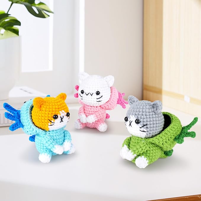 Fortuning's JDS Crochet Kit for Beginners, 3 PCS Axolotl Cat Crochet Kits | w/ Step-by-Step Video Tutorials, Beginner Crochet Kit for Adults Kids, Cat Crochet Gifts for Girl