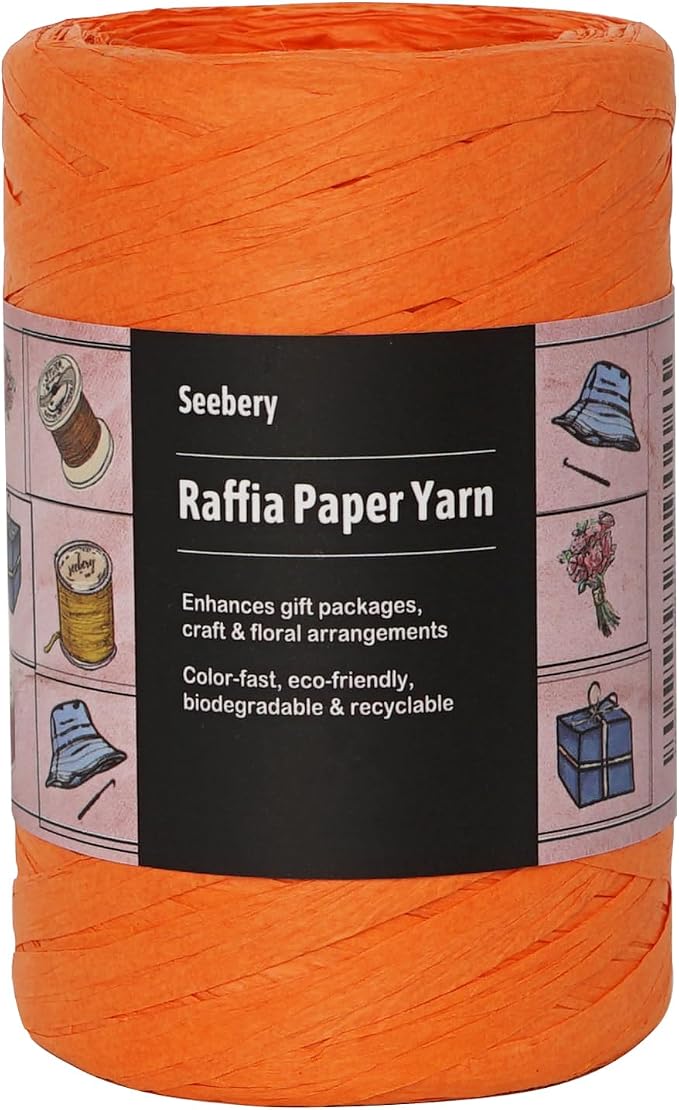 Raffia Ribbon Yarn for Crafts - Raffia Grass Twine for Gift Wrapping, DIY Decoration, Blinds & More | Matte String Paper Rope - 1/4'' Wide, 109 Yards, Orange