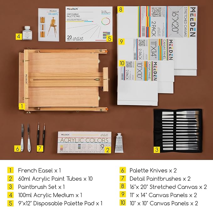 MEEDEN Art Set with French Easel: Acrylic Painting Kit for Adult Artists | Complete Starter Kit with 10–60ML Acrylic Paints and Paintbrushes for Beginners and Professional Artists