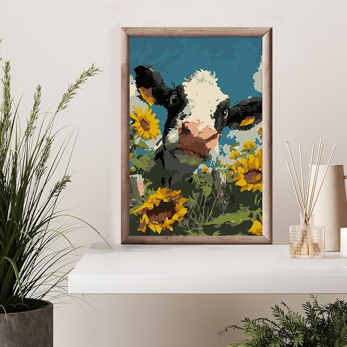 Framed Paint by Numbers Kit for Adults Beginner & Kids Ages 8-12, Funny Animal Cow Adult Paint by Number Kits on Canvas with Frame, DIY Number Painting for Adults for Home Wall Decor Gift 8 x 12 Inch