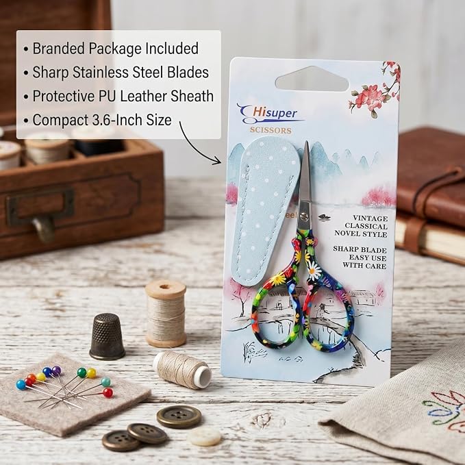 3.6 inch Sharp Embroidery Scissors for Sewing with Premium Leather Sheath | Classic-Hisuper Cross Stitch Scissors Vintage Decorative Shears Needlework Crochet Accessories Craft DIY Tool-Black Floral