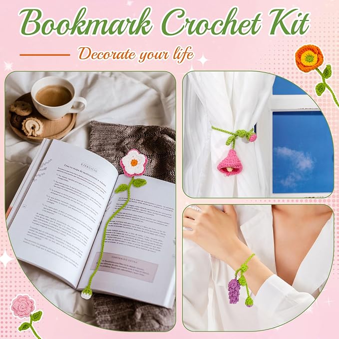GarfxG Crochet Kit for Beginners Adults 10pcs Flower Bookmarks Knitting Kit
