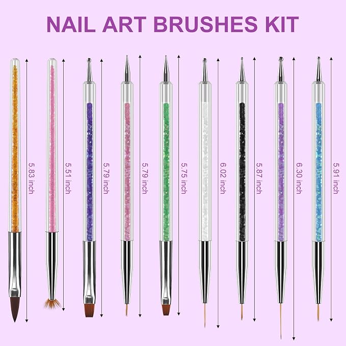 Artdone 9PC Nail Art Brushes Set double-ended, Liner Brush, Dotting Pen, Gel Polish Painting Tools For Nail Art Design