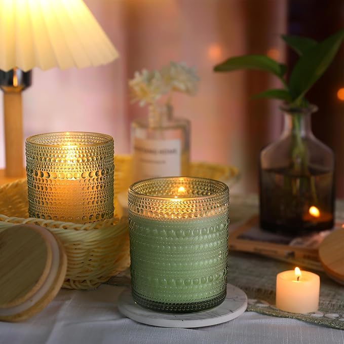 DARJEN 12 Pcs 10 oz Glass Candle Jars with Lids, Candle Tins-Green | Thick Wall Ribbed Glass, Airtight Wood Lids- The go to candle jar for DIY, thoughtful gifters, growing candle brands