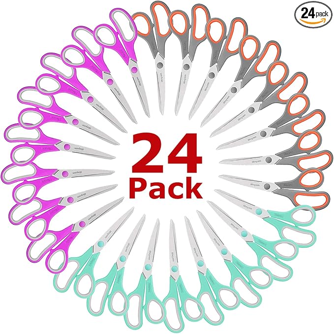 iBayam 24-Pack 8" Heavy Duty Scissors in Bulk, Ultra-Sharp, Comfort Grip | 2.5mm Ultra-Sharp Stainless Steel Blades, 100,000+ Cuts, Comfort-Grip Handles, Ambidextrous, Multipurpose — 24-Pack, 3 Colors