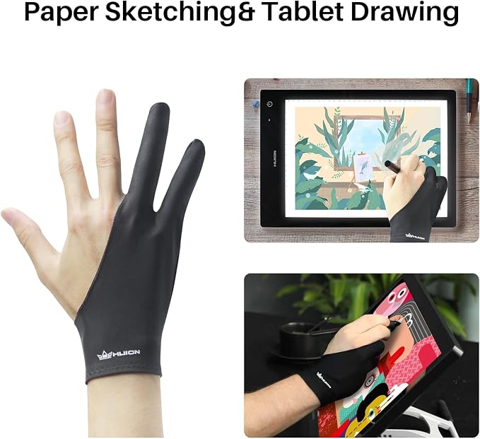 HUION GL02 Large Size Artist Drawing Glove, Left or Right Hand | Two-Finger Elastic Lycra Glove for Drawing Tablets and Paper Sketching, Reduces Friction