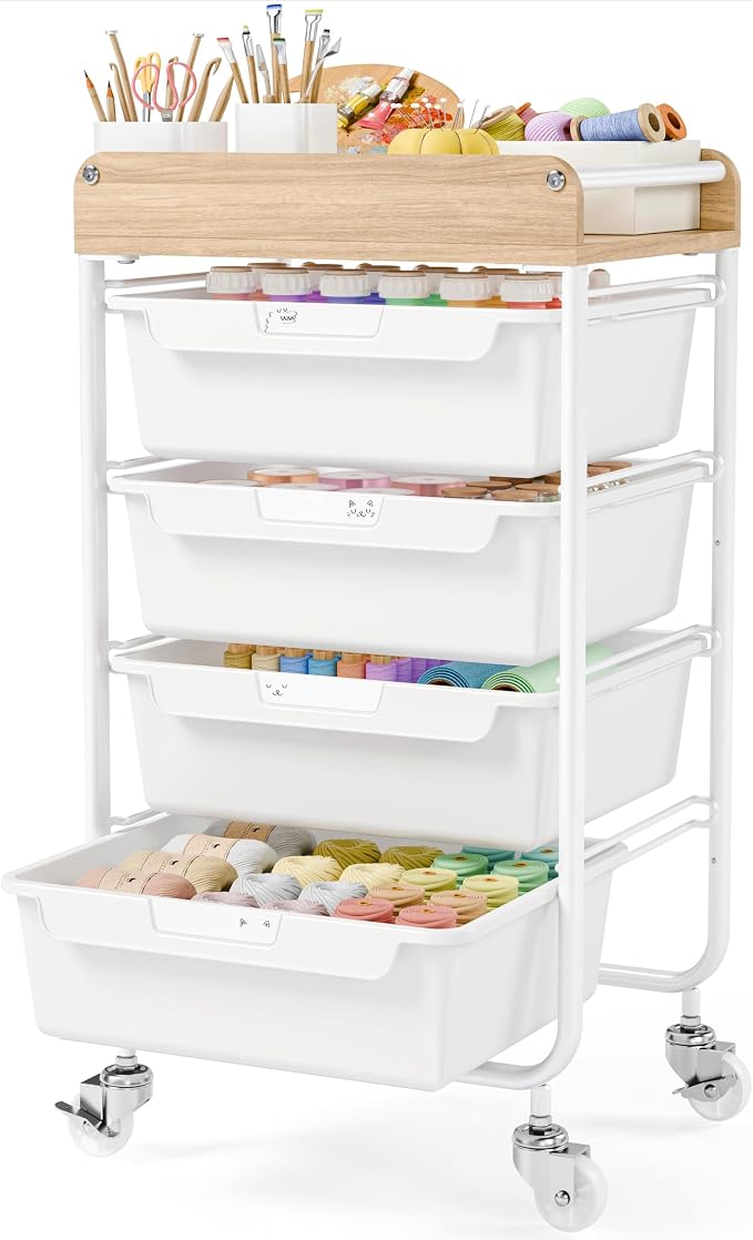 SYKIARIOL Rolling Craft Storage Cart with 4 Drawers,Kids Art Cart,White | Utility Cart with Drawers,Art Craft Organizers and Storage,Kids Craft Cart With DIY Lable and Wooden Tabletop Area