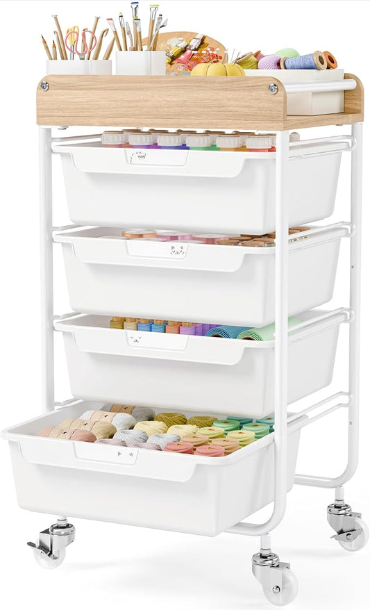 SYKIARIOL Rolling Craft Storage Cart with 4 Drawers,Kids Art Cart,White | Utility Cart with Drawers,Art Craft Organizers and Storage,Kids Craft Cart With DIY Lable and Wooden Tabletop Area