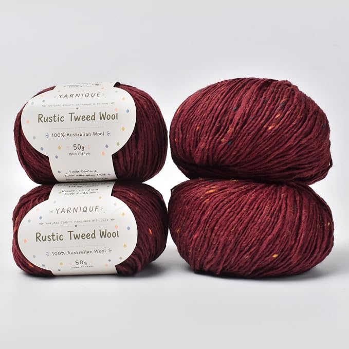 Rustic Tweed Wool Yarn, 1oo% Australian Wool, DK, 4 Skeins 200g/656yds (3161 Vintage Burgundy Fleck), Wool Yarn for Knitting | Bright Flecks | Warm Handmade Character
