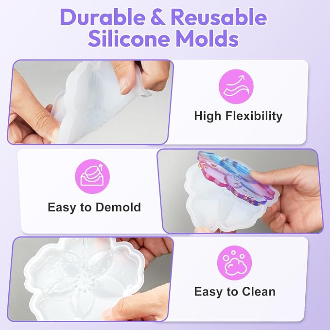 HeyClear 5Pcs Coaster Silicone Resin Molds, Flower Coaster Epoxy Resin Molds with Holder Mold, Resin Casting Molds for Table Coasters, Home Decoration and DIY Art Crafts
