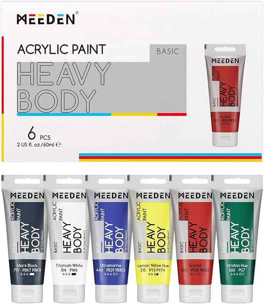 MEEDEN Heavy Body Acrylic Paint: Basic Satin Finish 6 x 60ml (2 oz) Tubes | Primary Colors Paint Set for Adults, Rich Pigment Art Craft Paints for Wood Glass Ceramic Painting Halloween Pumpkin