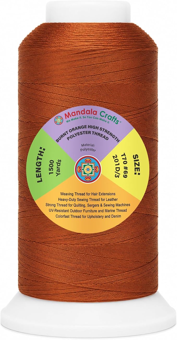 Mandala Crafts Burnt Orange Tex 70 Upholstery Polyester Heavy Duty Thread | 1500 Yds T70 UV Resistant Strong Thread for Leather Sewing, Marine, Drapery, Jeans, Hair Weaving & Extension, Outdoor