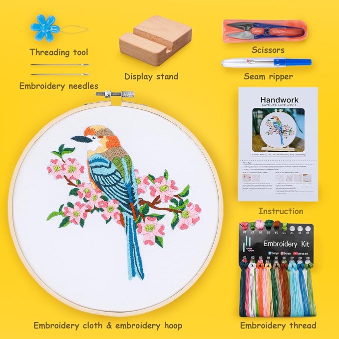 Hummingbird and Flower Embroidery Kit for Adults, DIY Embroidery Kits with Original Design Patterns, Learn to Embroider Kit Beginner with Needles and Thread, Clear Instructions and Video (BEB001)