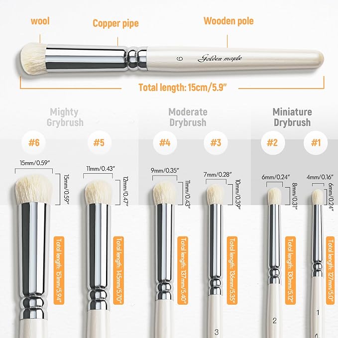 Golden Maple Dry Brush Miniature Painting Drybrush Set - 6PC Professional Miniature Paint Brushes for Miniatures, Model, Enamel & Fantasy Figurines Painting（Pearl White）