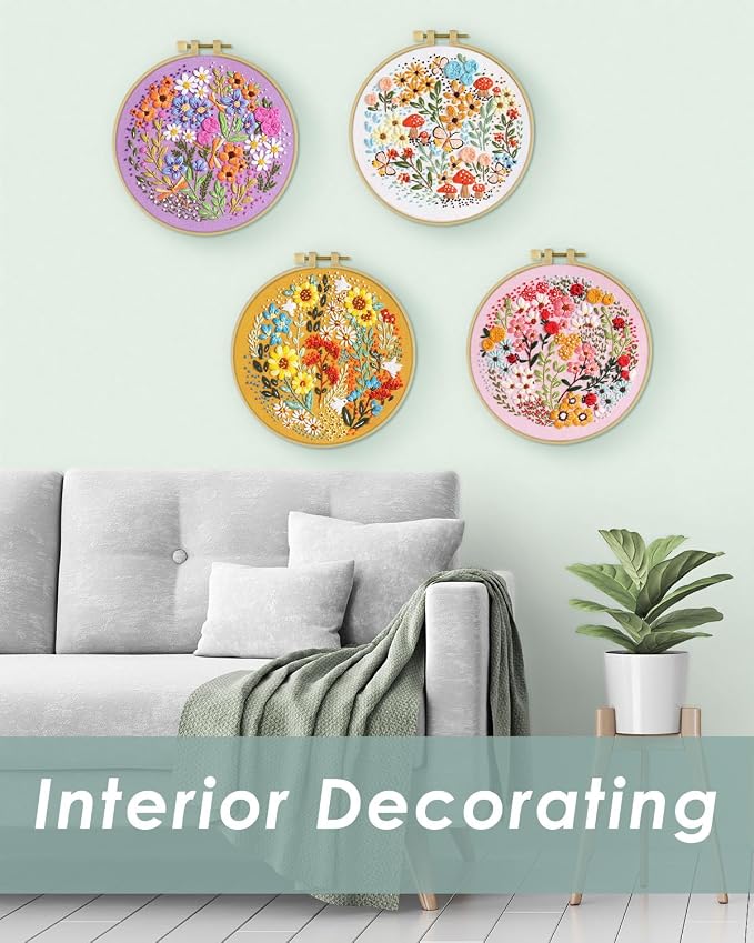 ERKOON 4 Sets Embroidery Kit for Beginners,Hummingbird and Flower Cross Stitch Set for Include Embroidery Cloth Hoops Threads for Craft Lover Hand Stitch (Flower)