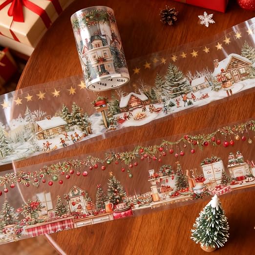 3 Rolls Christmas Washi Tape Set, 65mm x 2m PET Scrapbook Tape Christmas Stickers for Scrapbooking Supplies Winter Xmas Landscape Washi Tape Scrapbook Stickers for Journaling Washitape Masking Tapes