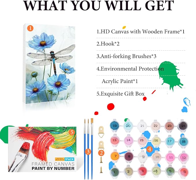 Fountor Framed Paint by Numbers Kit for Adults Beginner & Kids Ages 8-12, Dragonfly Paint by Number with Frame, Easy Acrylic Flowers Painting by Numbers Kit on Canvas 8x12 inch