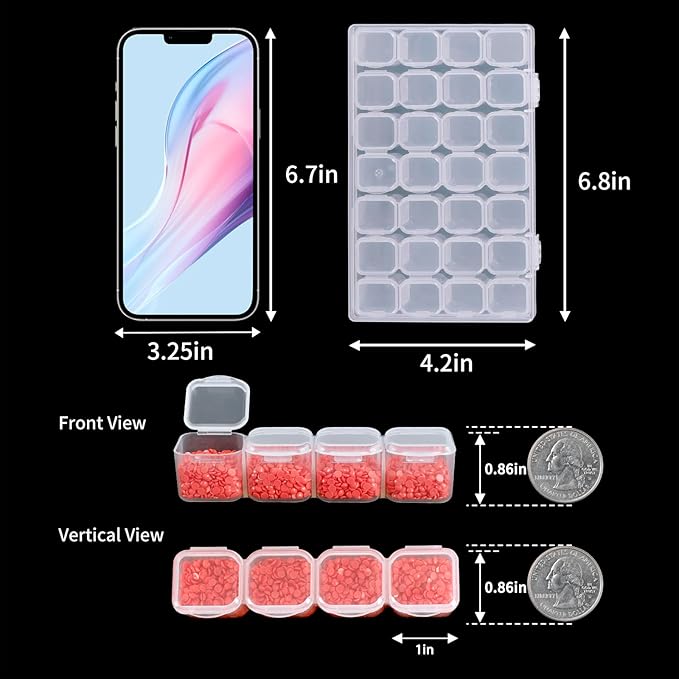 Diamond Painting Storage Boxes 6 Pack 28 Grid 168 Slots Bead Organizer | Clear Plastic, Divided Compartments, for Diamond Art Beads Jewelry and Craft Supplies, Portable Project Storage
