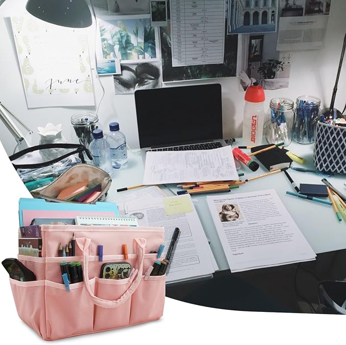 Cupohus Craft Organizer Bag, Pink Art Supply Tote with Multiple Pockets