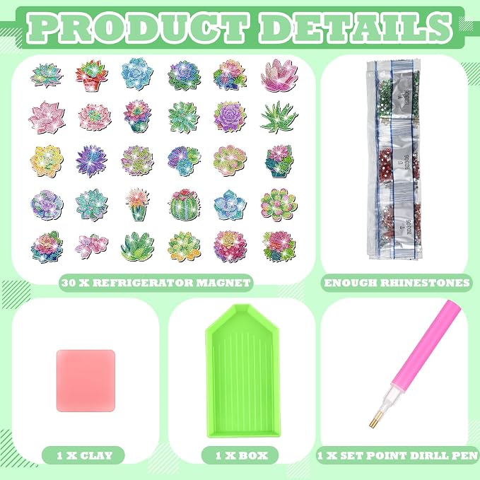 Remuuly 30 Pcs Succulent Diamond Painting Magnets Diamond Art Magnets Kits | Plant Diamond Art Kits for Adults, Refrigerator Magnet, 5D Rhinestone Fridge Magnetic Sticker, Diamond Club Gifts, DIY Crafts