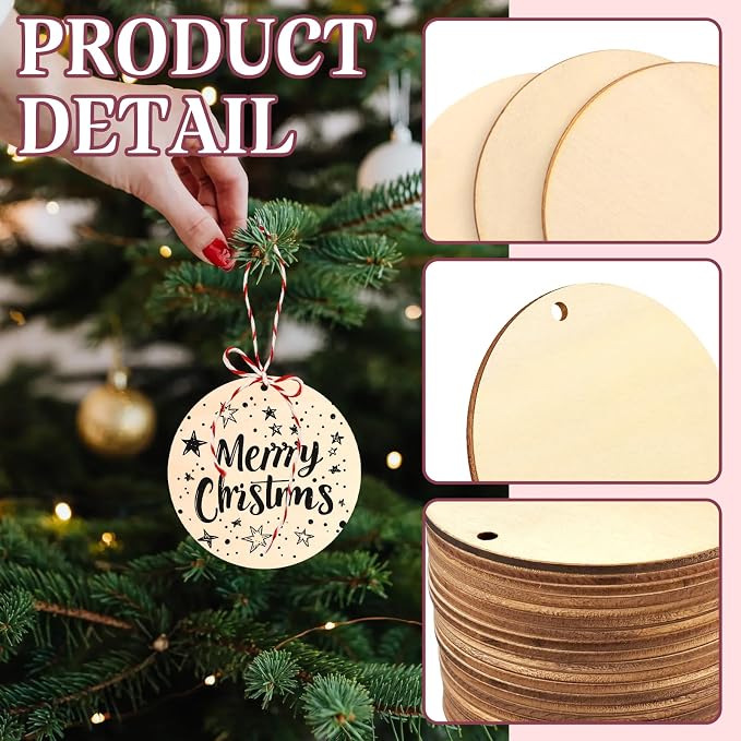 FSWCCK 50 PCS 4 Inch Wood Circles for Crafts – Round Blank Discs with Holes, Unfinished Wooden Cutouts for DIY, Painting, Staining, Coasters,Laser Engraving Sign Blanks, Ornament (4inch-50 Pack)
