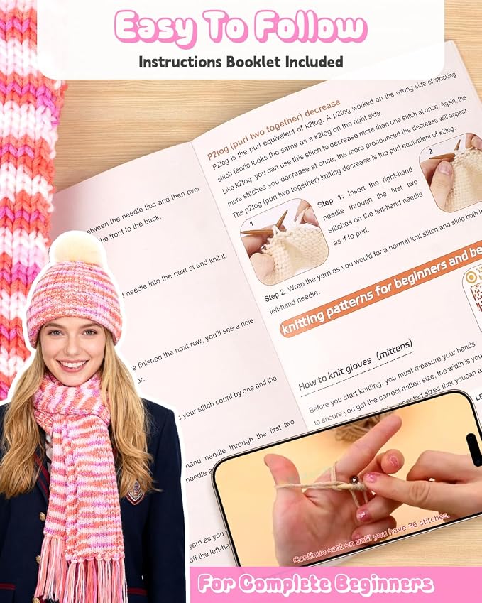 Katech Knitting Kit for Beginner- Beginners Knitting Kit for Adults Kids | Complete Hat, Scarf, Gloves Starter Knitting Kit with Step-by-Step Video Tutorials-Ideal Gift