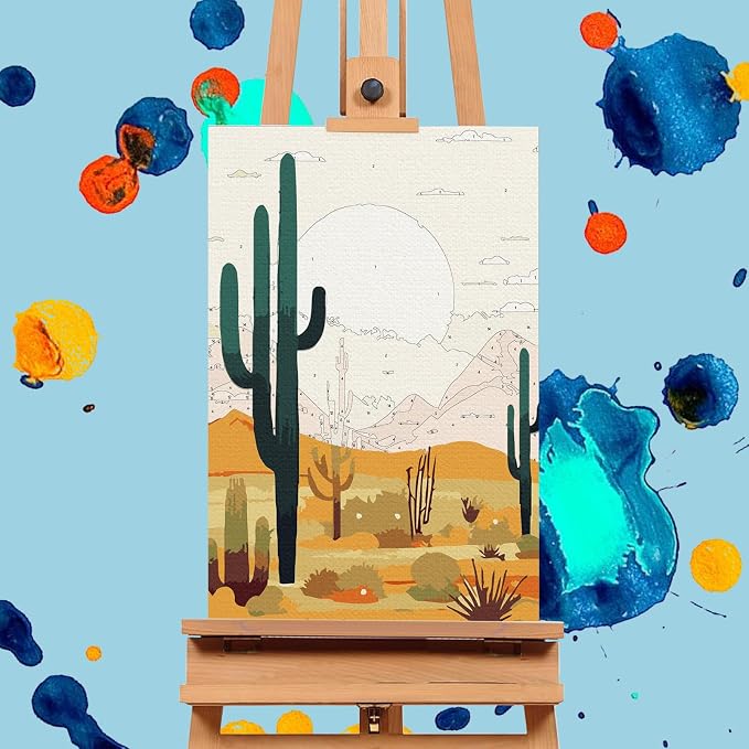 4 Pack Framed Paint by Numbers Kit for Adults with Wooden Easel, 8x12 Inch | Desert Cactus, Easy DIY Acrylic Canvas Craft Kit with Frame for Beginners, Home Decor, Stress Relief Relaxing Hobby Gift