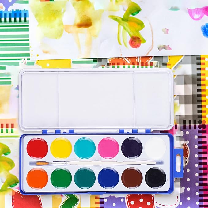 Watercolor Paint Set for Kids, 12 Colors, 24 Pack Washable Water Colors for Party Favors, Gifts, Classroom Supplies (Wood Brushes Included) | Washable Water Colors for Party Favors, Gifts, Classroom Supplies (Wood Brushes Included)