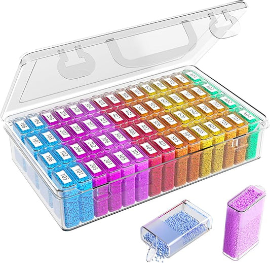1 Pack 64 Grids Diamond Painting Tool Box Container Craft Storage with Adjustable Dividers for Beads, Art DIY, Crafts, Jewelry, Plastic Organizer with Label Stickers