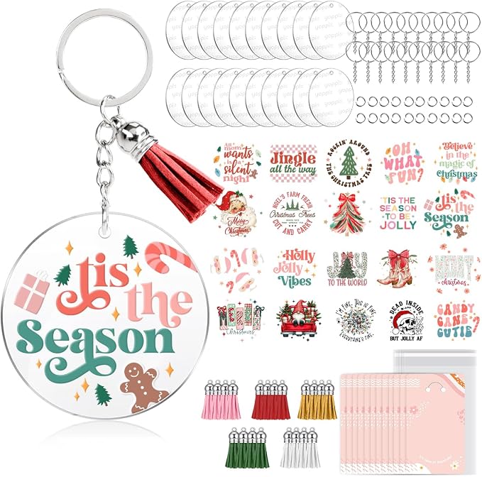 YOPPIX 140 PCS Acrylic Keychain Blank Set, Christmas Double-Sided UV DTF Stickers Acrylic Keychain Making Kits for Vinyl DIY Craft Project Christmas Tree Ornament