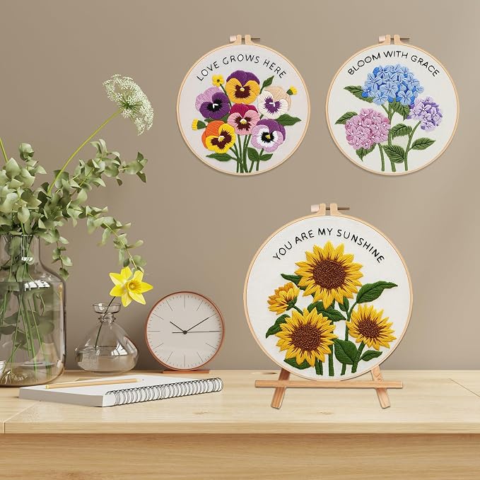 Nuberlic 3 Pack Embroidery Kit for Beginners, Floral Cross Stitch Kit