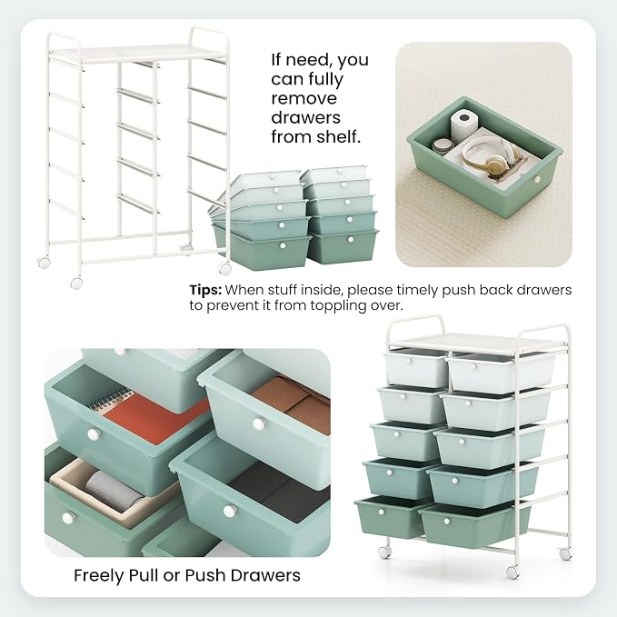 Giantex 10 Drawers Rolling Cart, Classroom Organizers, Storage Cart with Wheels, for Teacher Office Home School Supplies Tool Craft Art Paper, Green Gradient