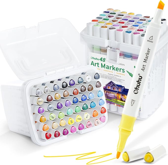 Ohuhu Alcohol Markers Fine& Chisel 96 Colors for Beginners Adults Coloring | Sketching Markers for Drawing Illustration, Dual Tips Alcohol-based Art Marker, 2 Colorless Blender& 2 Storage Case