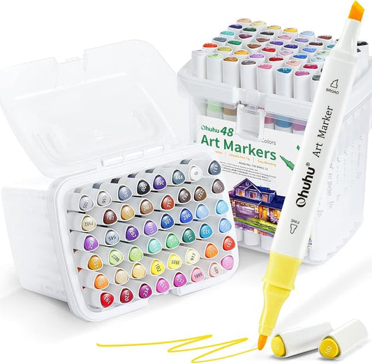 Ohuhu Alcohol Markers Fine& Chisel 96 Colors for Beginners Adults Coloring | Sketching Markers for Drawing Illustration, Dual Tips Alcohol-based Art Marker, 2 Colorless Blender& 2 Storage Case