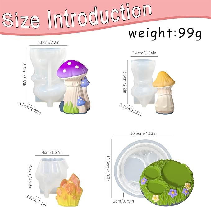 4Pcs Mini Mushroom Epoxy Resin Molds, Fairy Gardens Silicone Molds