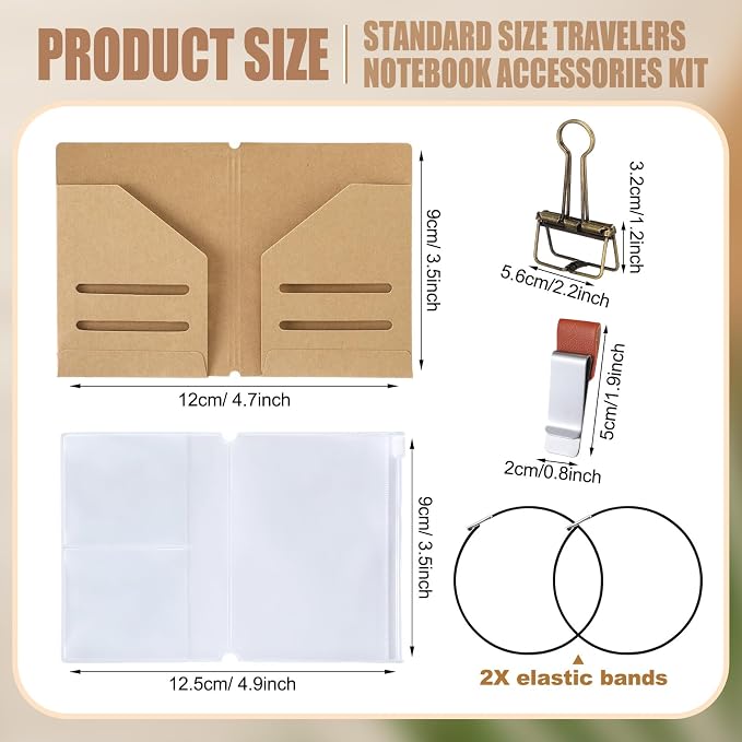Mooliwe 1 Pack Travelers Journal Notebook Accessories Kit, Passport Size | Kraft File Folder, Zipper Case, Pen Holder, Binder Clip and Elastic Bands, Refillable Insert Organizer for Travel Journals