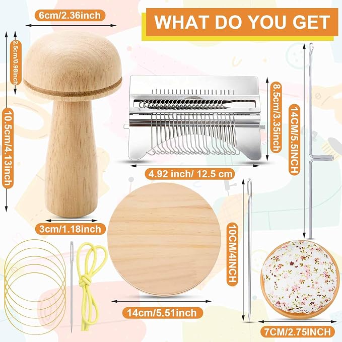 Jexine Mini Darning Mushroom for Socks 21 Hooks Small Speedweve Style Weaving Darning Loom with 9 Pcs Large Eye Needles 50 Colors Thread for Handcraft DIY Weaving Repair Tool