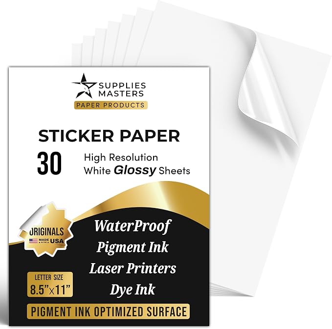 30 Sheets Glossy Printable Sticker Paper 8.5 x 11, Waterproof Sticker Paper for Inkjet & Laser Printers, Dye & Pigment Ink, Labels, Crafts & Cutting Machine Projects