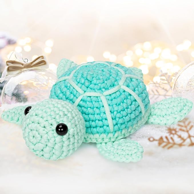 Mewaii Blue Sea Turtle Crochet Kit for Beginners, 40% Extra Yarn | Video Tutorial, Pre-Started Piece, Gift Box, Level 1 Starter Kit, Family Craft for Adults, Kids & Beginners