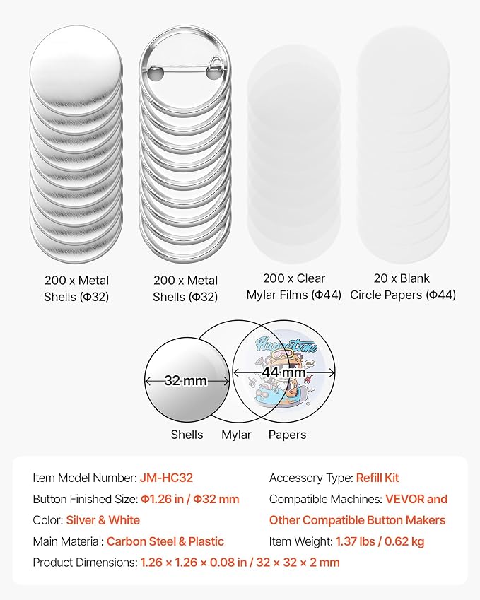 VEVOR Button Maker Supplies 200 Sets 1.25 in / 32 mm Pin Back Button Parts, with Metal Backs, Metal Shells, Clear Mylar Films, and Blank Circle Papers, for Home DIY, School Events, and Custom Studio
