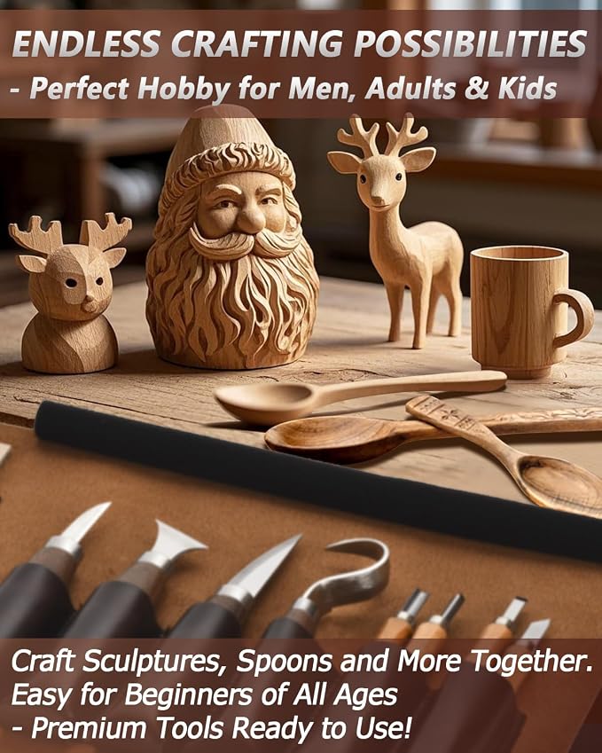 Wood Carving Kit Whittling Kit: Wood Carving Knife Tools with Leather Case | Deluxe Woodworking Hobby Kit for Beginners Adult Kids, Relaxing Creative Projects, DIY Art Craft Gift for Men Teens