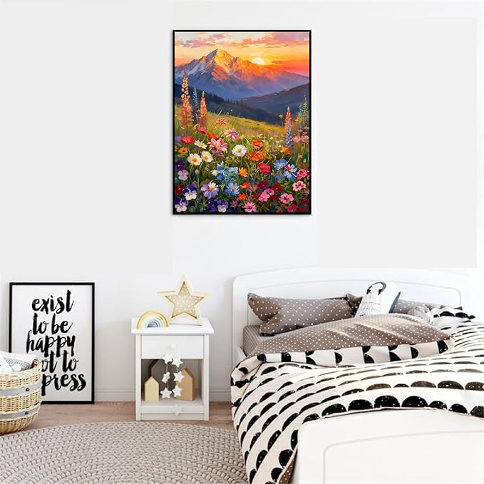 Clendo Landscape Paint by Numbers Kit for Adults Beginner, Flower Mountain Adult Paint by Number Kits on Canvas, Sunset Oil Painting Kit for Beginners Gift Home Wall Decor 16x20 Inch