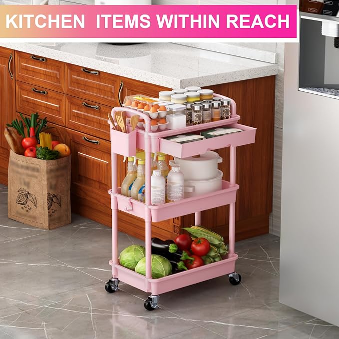 Goovilla 3 Tier Rolling Utility Cart Organizer with Removable Drawer, Pink | Stable and Sturdy Rolling Storage Carts with 2 Lockable Wheels for Bathroom, Kitchen, Snack, Craft, Makeup, Baby Essentials