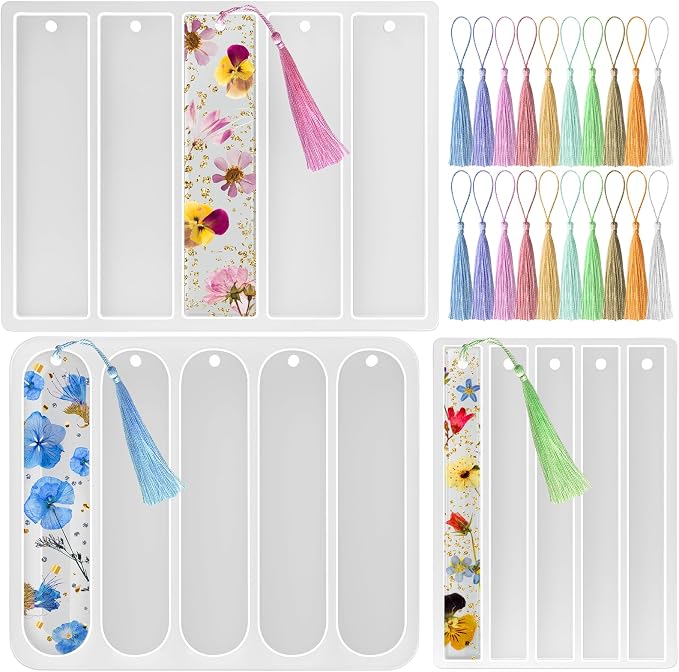 Bookmarks Silicone Mold for DIY Epoxy Resin Casting Crafts Making Supplies | Set of 3 Small Medium Rectangle Bookmark Resin Mold Kit with 20 Pcs Tassels