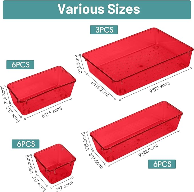 25 PCS Plastic Drawer Organizer Set, Makeup Organizers and Storage Bins | 4 Sizes Desk Drawer Divider Organizers and Storage Bins for Jewelry, Gadgets for Kitchen, Bedroom, Bathroom, Office, Red