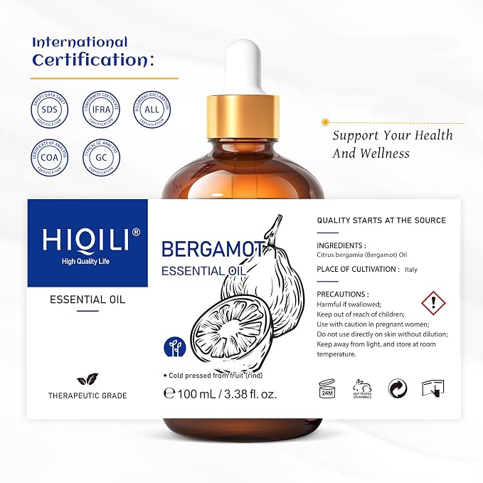 HIQILI Bergamot Essential Oil for Diffuser, Skin & Hair